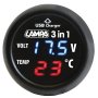 3в1 12V 24V Волтметър Термометър и USB зарядно за камиони леки коли бусове, снимка 2