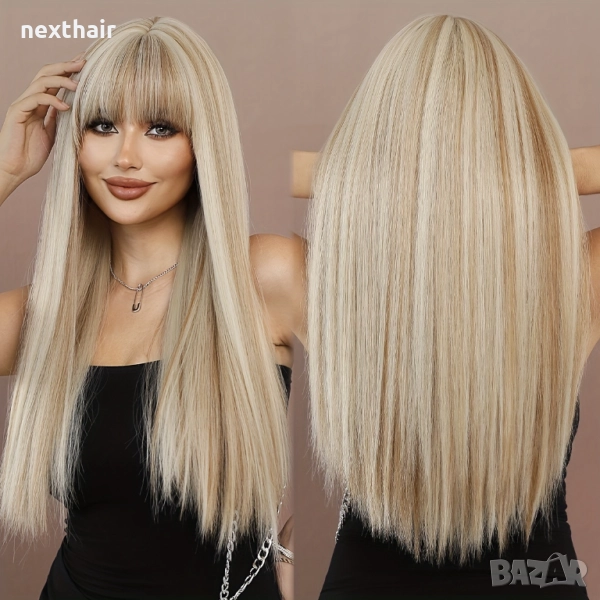 Два нюанса руса права перука с бретон, снимка 1