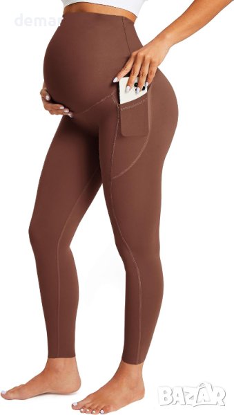 BAYDI Клин за фитнес за бременни Over Bump с джобове, разтегливи меки панталони, XL, кафяв, снимка 1