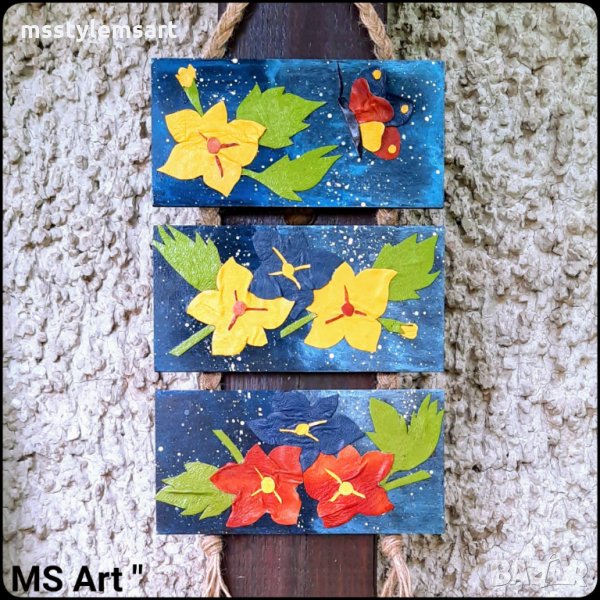 Интериорно декоративно пано с цветя от естествена кожа! Ръчна изработка!, снимка 1