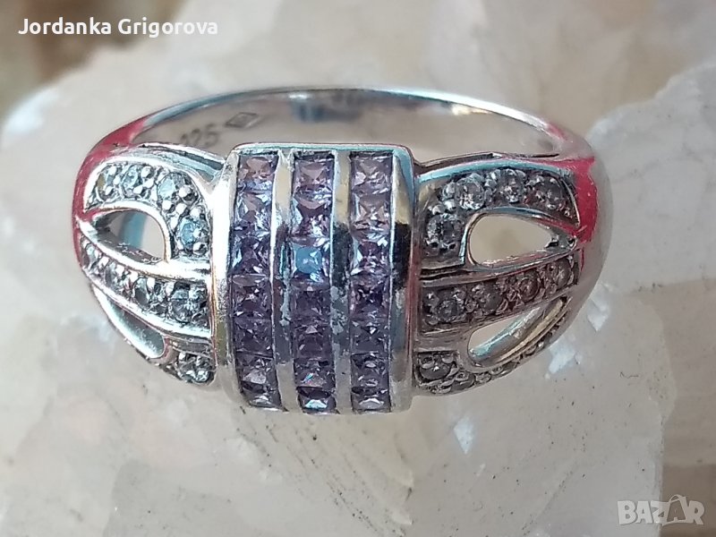 Сребърен пръстен с естествени камъни- аметист и планински кристал, снимка 1