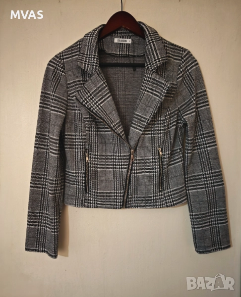 Ново дамско есенно яке от плат S размер сиво черно каре, снимка 1