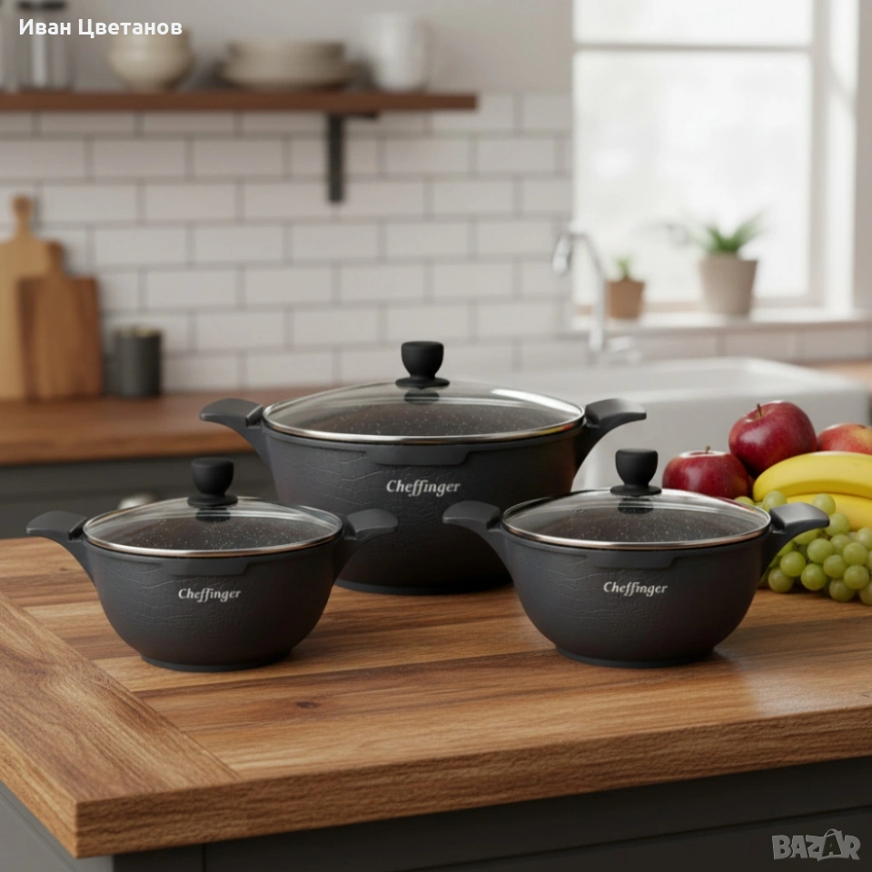 Комплект от 3 тенджери Cheffinger с мраморно покритие 20/24/28 см с капаци , снимка 1