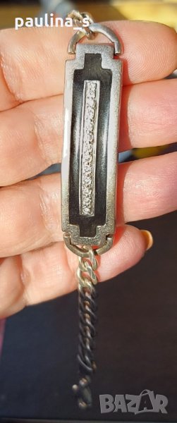 Масивна сребърна гривна с циркони и черен емайл / проба 925, снимка 1