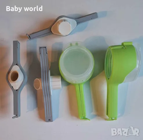 Кмплект от 5 броя пластмасови клипс за затваряне на торбички с отвор за сипване 