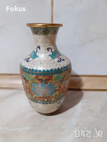 Cloisonne Клоазоне стара ваза бронз клетъчен емайл, снимка 3 - Антикварни и старинни предмети - 50999364