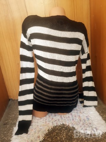Тънко черно-бяло плетиво блуза туника Л, снимка 3 - Блузи с дълъг ръкав и пуловери - 34243295