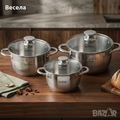 Комплект тенджери Maxmark 6 части от неръждаема стомана 18/10 – индукционно капсулно дъно 2L, 3L, 4L