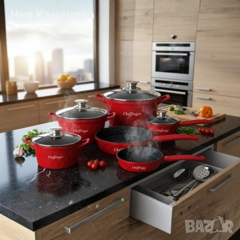 Премиум комплект съдове за готвене 12 части с мраморно покритие Cheffinger, снимка 2 - Съдове за готвене - 53151077