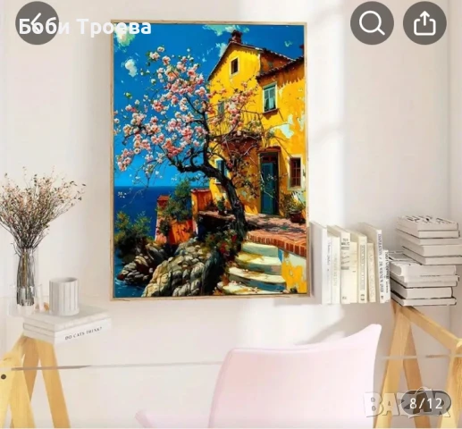 Крайбрежна Картина - Ярко Жълто и Розово Флорален Морски Пейзаж с Цъфтящи Черешови Цветове, снимка 3 - Картини - 50980800