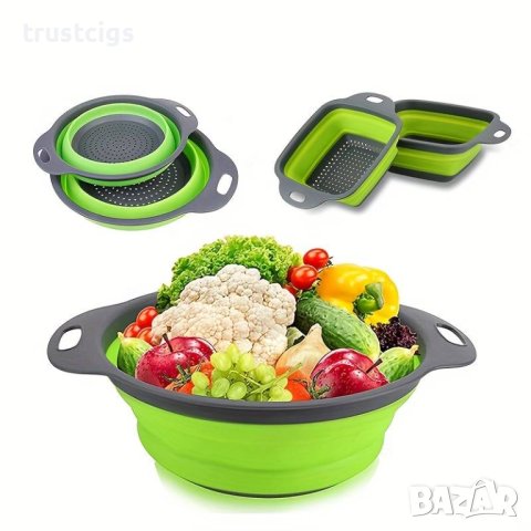 Сгъваем гевгир за измиване и изцеждане на плодове и зеленчуци