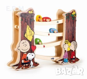 Дървена играчка Монтесори , Писта с топки  Charlie Brown, Snoopy & Co колички