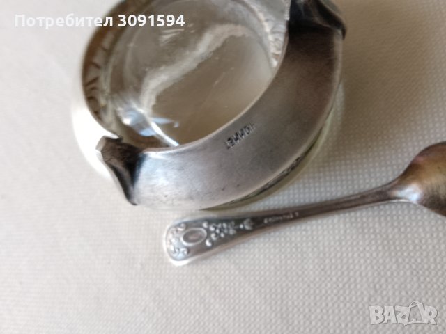 Руски мелхиорен съд за хайвер ,сол,със  емайл оригинална лъжичка, снимка 2 - Антикварни и старинни предмети - 41610950