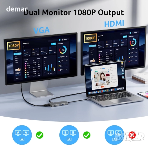 Многопортов хъб Acer USB C, 4K/60Hz HDMI, 1080P VGA, 2x10Gbps USB C, снимка 4 - Кабели и адаптери - 51688034