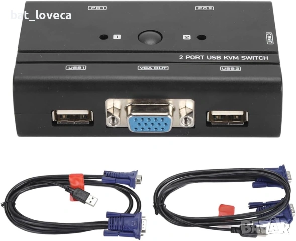 2-портов VGA KVM превключвател, USB превключвател за 2 компютъра, споделяне на 1 монитор, клавиатура