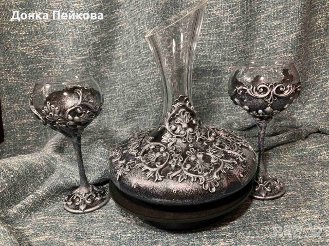 Ръчно изработен сервиз от 3 части - декантер с две чаши в сребро, снимка 4 - Декорация за дома - 41700345