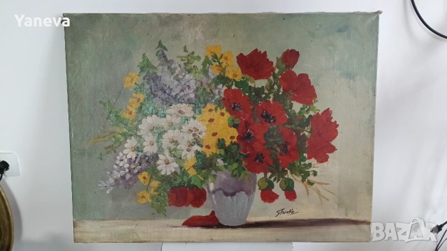 Стара картина „Пролетен букет“,  изобразяваща богат и жизнен цветен букет. , снимка 6 - Картини - 53728056