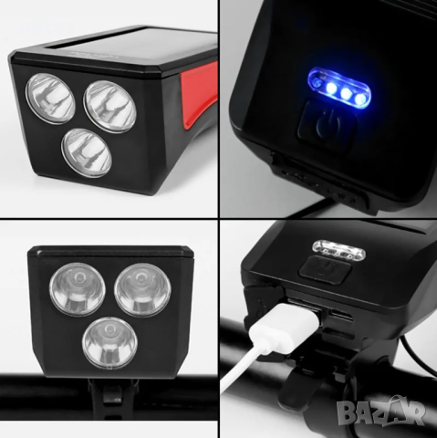 Соларна / USB акумулаторна LED светлина за велосипед с клаксон, 350Lum, снимка 6 - Аксесоари за велосипеди - 30315167
