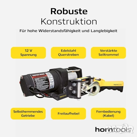 Електрическа лебедка horntools Beta 12V, 900 кг, дистанционно, стоманено въже, снимка 3 - Аксесоари и консумативи - 53295300