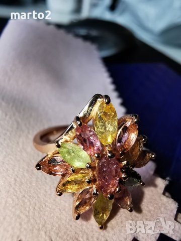 Елегантен Сребърен 925 Пръстен с позлата и натурални Турмалини!, снимка 3 - Пръстени - 40435935