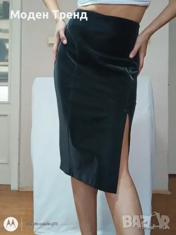 Елегантна черна пола от еко кожа GUESS с висока талия и цепка, снимка 3 - Поли - 56186502