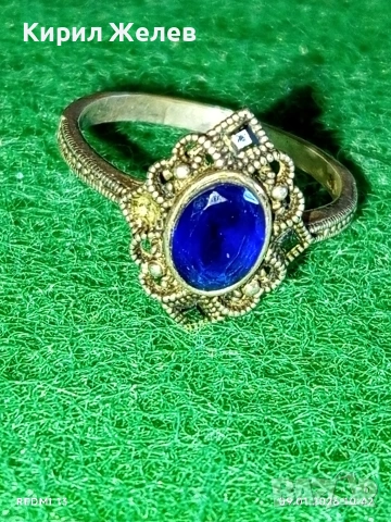 Сребърен пръстен с САПФИР повлиян от Викторианската епоха стил Арт Деко филигранна изработка 43320, снимка 5 - Пръстени - 53040875