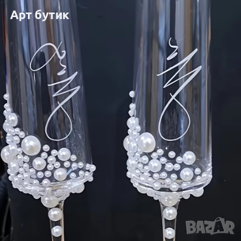 2 броя сватбени чаши , декорирани с  перли, снимка 3 - Декорация - 52585266