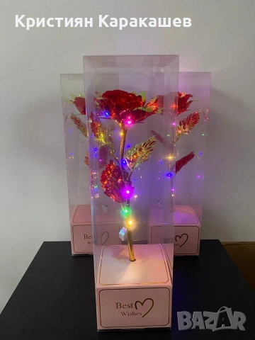 ВИСОКА 40СМ!Златна роза Golden Rose 24k Rainbow, LED Лента, Светеща, Кутия, снимка 4 - Декорация за дома - 53430012