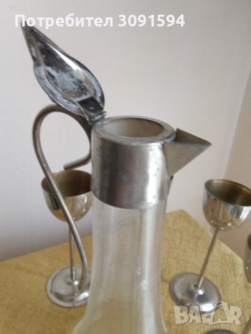 1930г АртДеко каничка метал стъкло 4метални чаши, снимка 7 - Антикварни и старинни предмети - 41046962