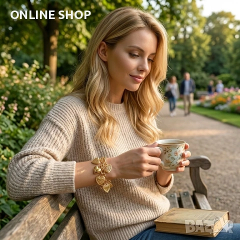 Елегантна Гривна Огледална Любов – 14K Златно Покритие и Нежни Сърца, снимка 6 - Гривни - 53715750