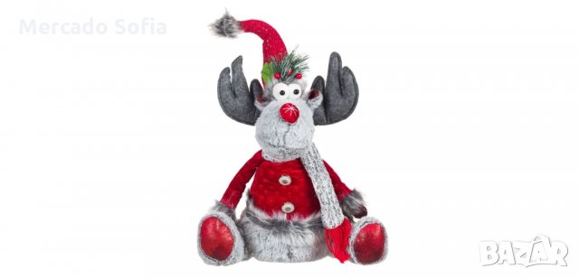 Коледна декоративна фигура Седящ северен елен, Червен костюм, Шапка с пайети , снимка 1 - Декорация за дома - 34743738
