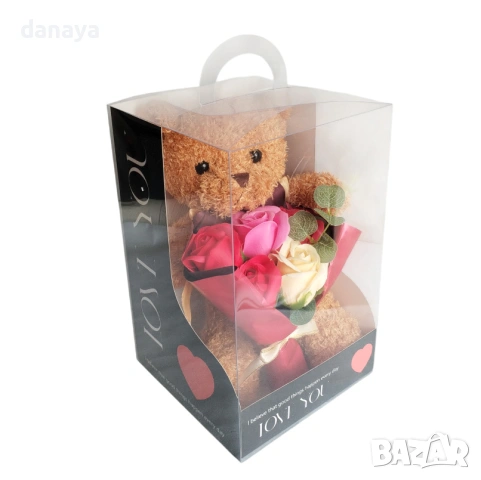 6376 Плюшено мече с букет рози в подаръчна кутия, романтичен подарък, 27 см, снимка 2 - Декорация за дома - 53291418