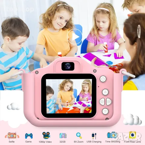 Детски Смарт Дигитален Фотоапарат Goopow (20MP, 1080P, Двойна Камера, 32GB Карта, Защитен Калъф)  , снимка 6 - Фотоапарати - 55910997