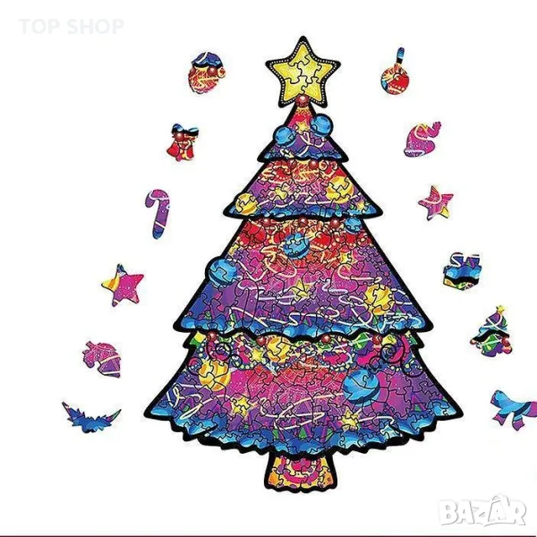 Луксозен дървен пъзел Коледна елха/дърво, парчета с уникална форма 200части 21*30, снимка 1