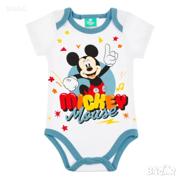 Бебешко боди памучно бяло с къс ръкав и дизайн на Мики Маус S_1233523, снимка 1