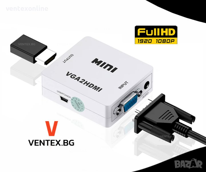 VGA към HDMI преходник за телевизор, компютър, монитор + аудио, снимка 1