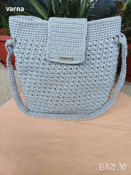 Плетена ръчно дамска чанта сива, снимка 1