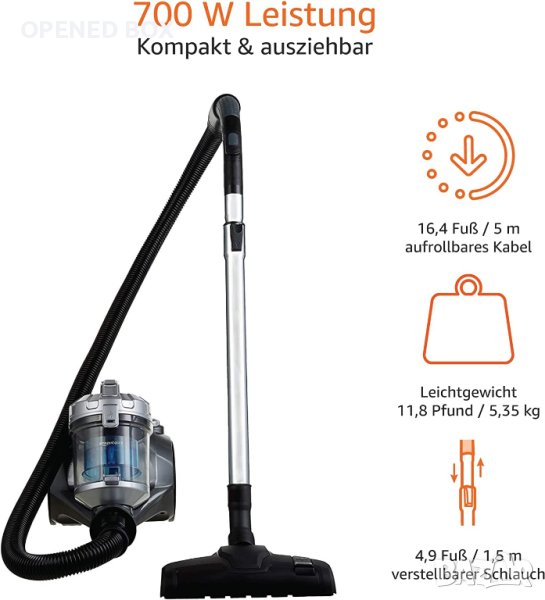 Цилиндрична прахосмукачка без торба AmazonBasics, 1,5 L, 700 W [енергиен клас A], снимка 1