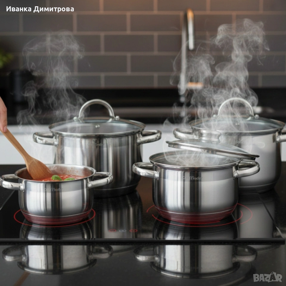 Комплект тенджери Cheffinger – 8 части инокс с капаци, за всички видове котлони, снимка 1