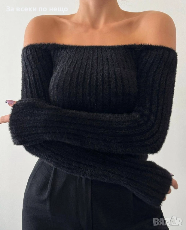 Black Weekend💯✅🖤Дамска Черна Къса Блуза С Паднали Ръкави Код A1187, снимка 1