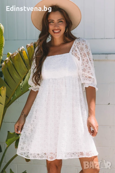 Дамска дантелена бяла рокля с флорален десен и буфан ръкави, снимка 1