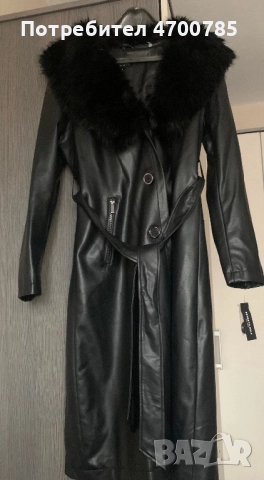 Дълго кожено палто с яка с косъм, снимка 4 - Палта, манта - 52998644