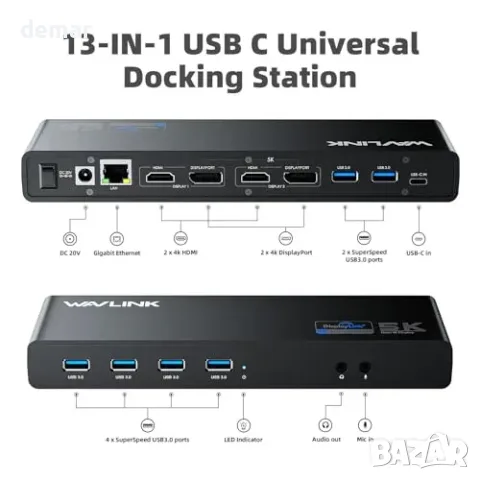 WAVLINK USB-C DisplayLink Docking Station с 2× HDMI/DP, Gigabit Ethernet и 6× USB 3.0, снимка 3 - Друга електроника - 55850039