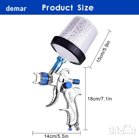 HVLP пистолет за боядисване, 10 чаши от 600 мл и манометър, 3 дюзи 1.4/1.7/2 мм, син, снимка 2 - Други стоки за дома - 51104129