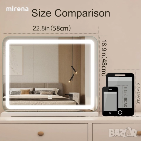 Лед LED Огледало Hollywood с осветление, 3 цвята, 580 x 480 мм c105, снимка 8 - Огледала - 51546933