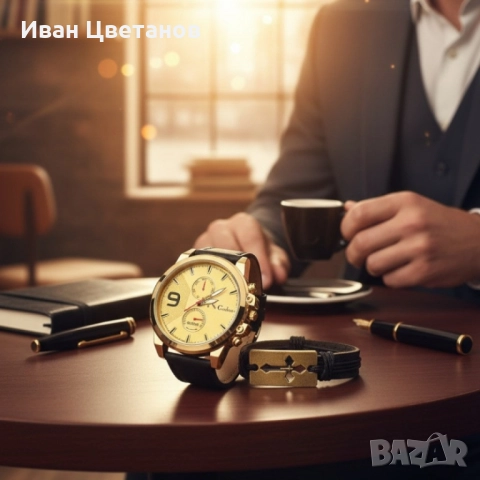 Мъжки комплект Geduo – елегантен часовник със златист циферблат и кожена гривна в подаръчна кутия