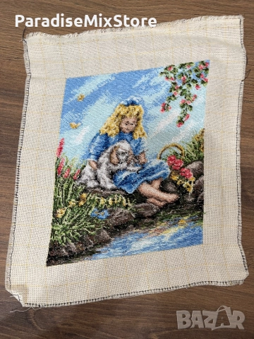 Ръчно бродиран гоблен – Момиче с куче край река (без рамка), снимка 4 - Гоблени - 51478099