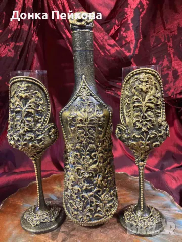 Сервиз за вино от 3 части в злато, ръчна изработка, снимка 4 - Сервизи - 48183888