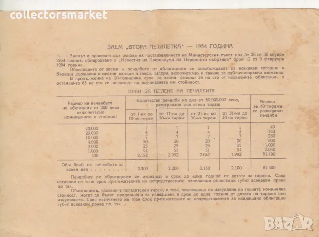 Облигация 20 лева 1954 № 136242, снимка 2 - Други ценни предмети - 47385783