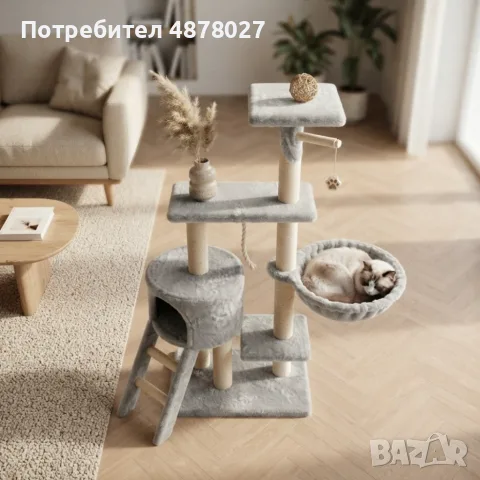 Котешка драскалка с къщичка, легло и платформи, 138 см, светлосива, снимка 2 - За котки - 55936987
